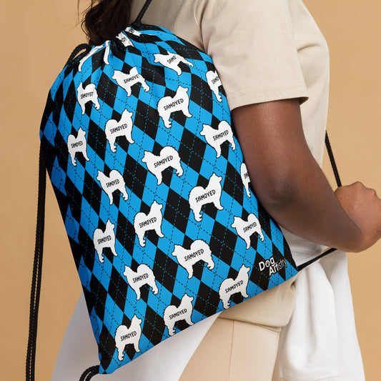 Samoyed Blue Argyle Drawstring bag