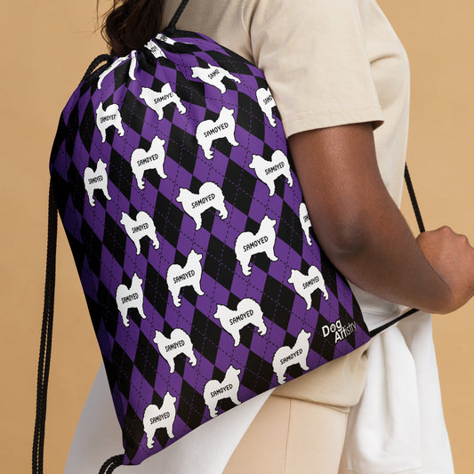 Samoyed Purple Argyle Drawstring bag