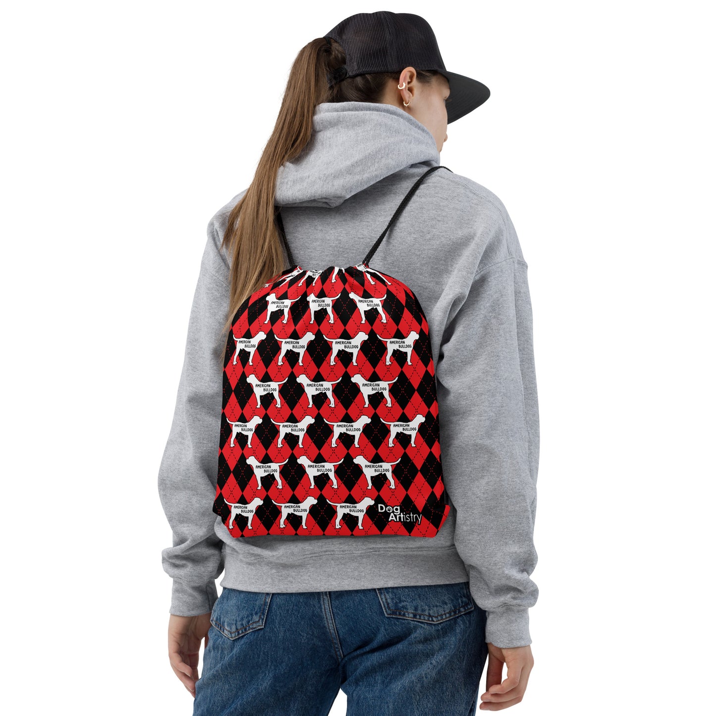 American Bulldog Argyle Red and Black Drawstring bag