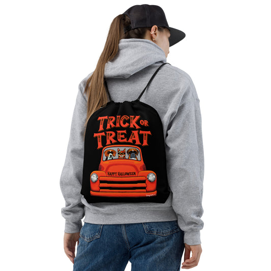 Cool Trick or Treat Halloween candy bag of old truck with Beagle, Cat, and Boxer wearing masks by Dog Artistry. 