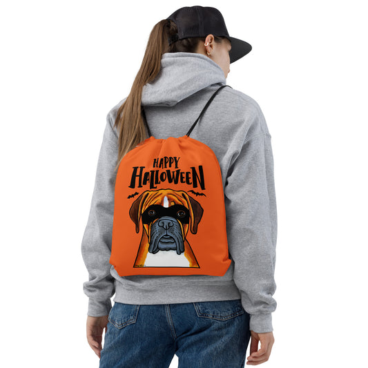 Cool Happy Halloween Boxer Dog wearing mask drawstring bag by Dog Artistry Halloween candy bag.