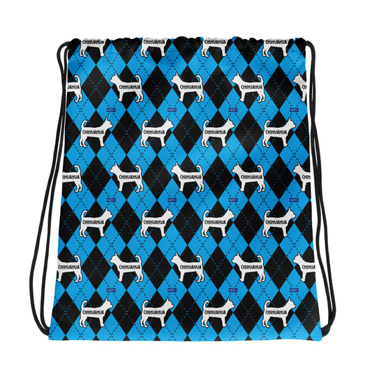 Chihuahua Argyle Blue and Black Drawstring bag