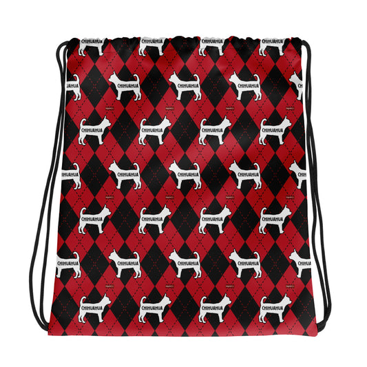 Chihuahua Argyle Red and Black Drawstring bag