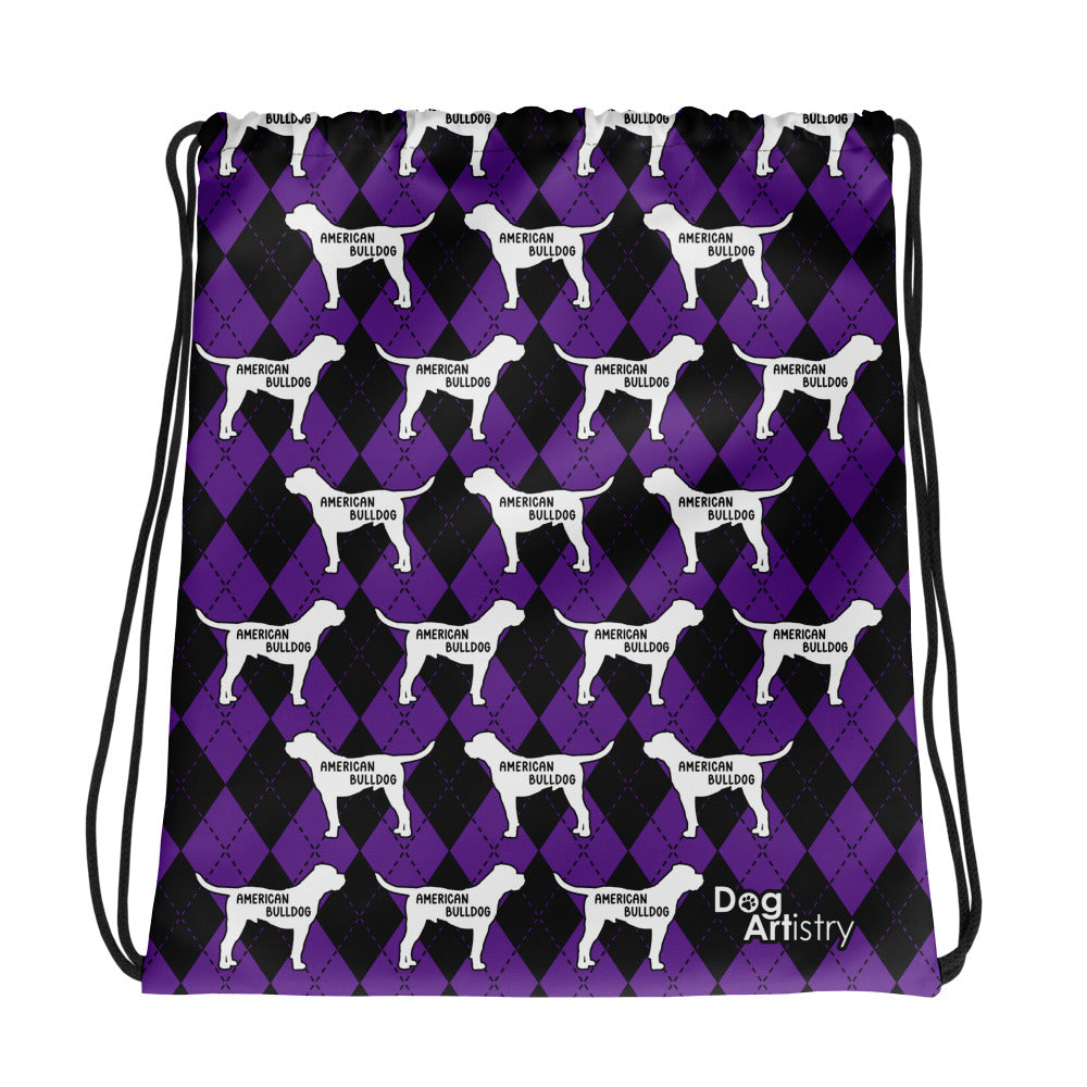 American Bulldog Argyle Purple and Black Drawstring bag