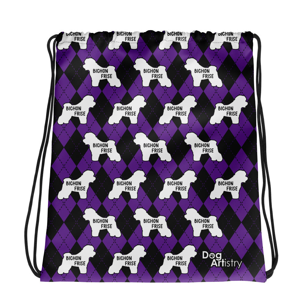 Bichon Frise Purple Argyle Drawstring bag