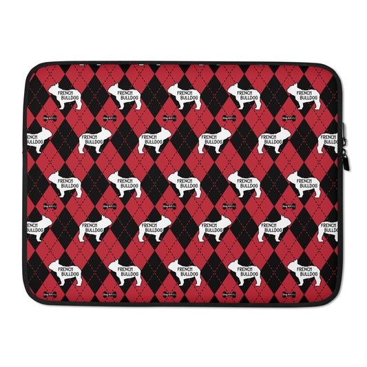 French Bulldog red and black argyle laptop sleeve by Dog Artistry