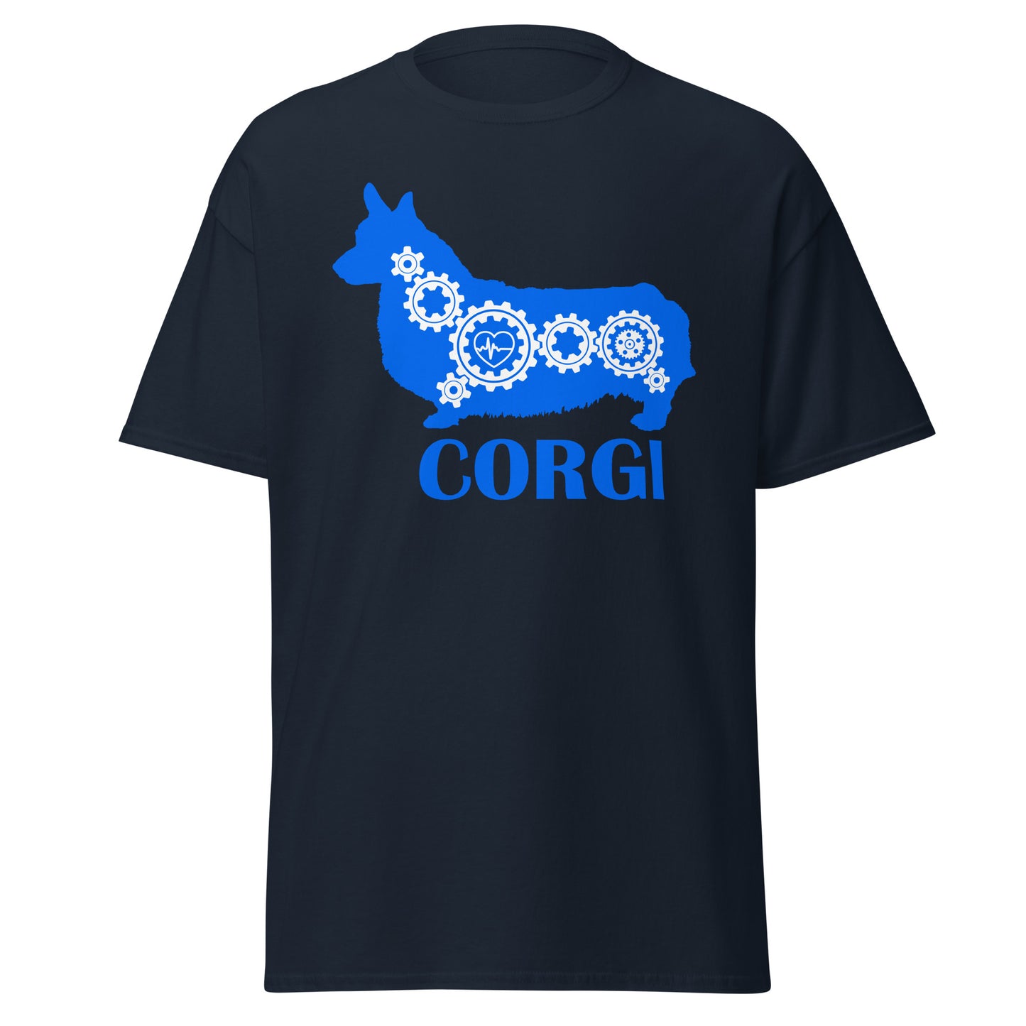 Corgi Bionic men’s navy t-shirt by Dog Artistry.