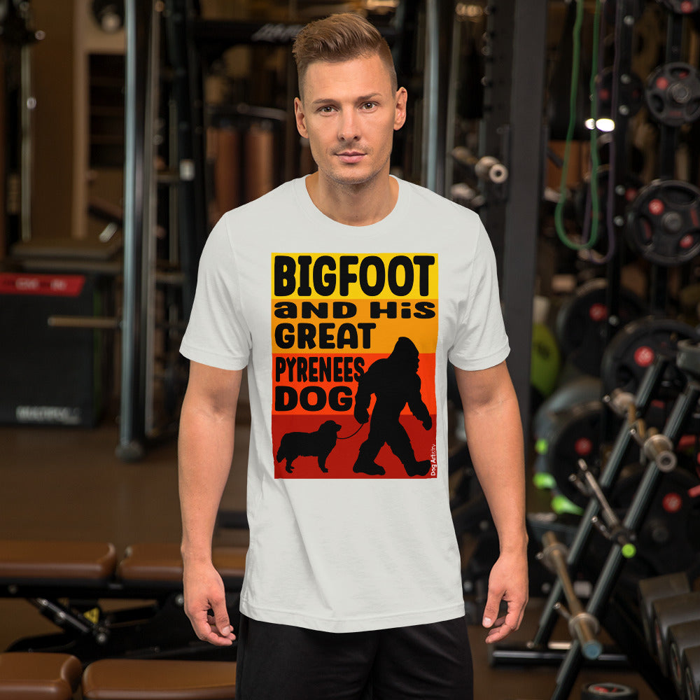 Bigfoot and his Great Pyrenees unisex silver t-shirt by Dog Artistry.