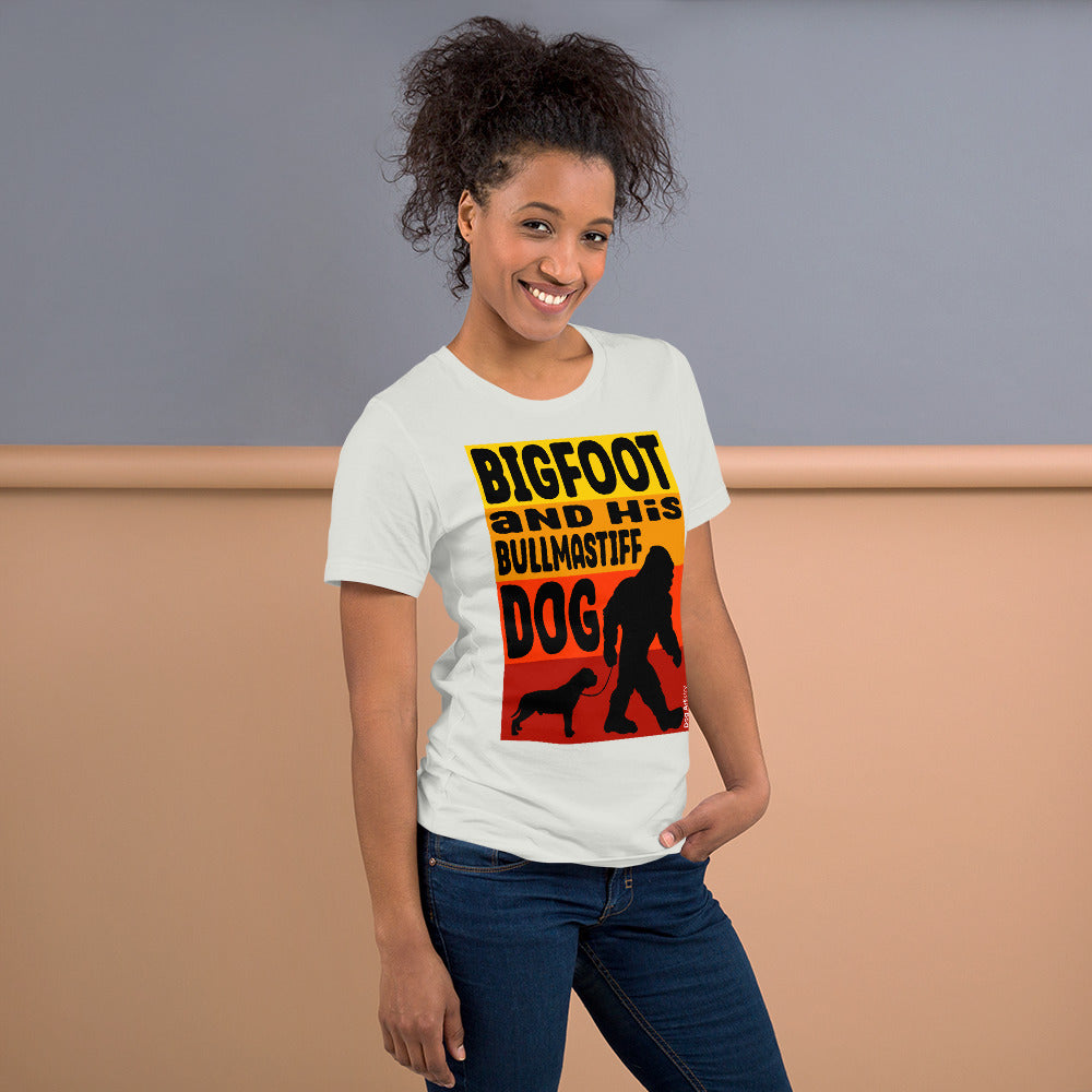 Big foot and his Bullmastiff dog unisex silver t-shirt by Dog Artistry.