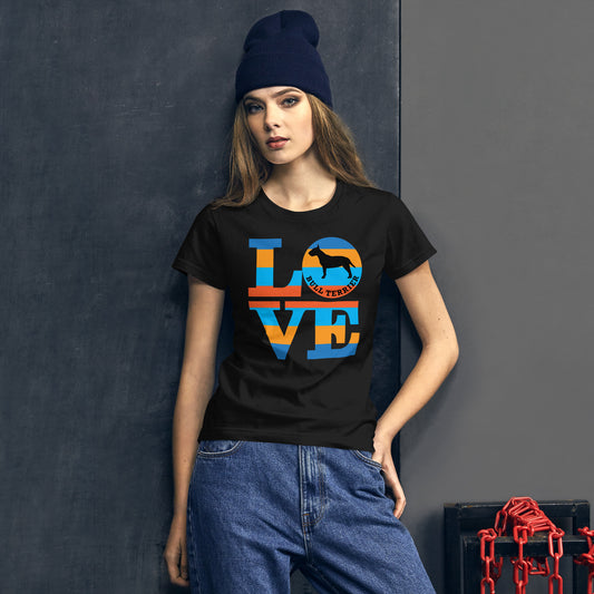English Bull Terrier Love women’s black t-shirt by Dog Artistry.