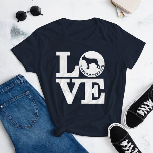 Boston Terrier Love women’s navy t-shirt by Dog Artistry.