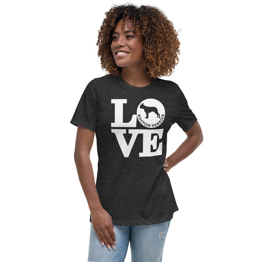 Boston Terrier Love women’s dark grey t-shirt by Dog Artistry.