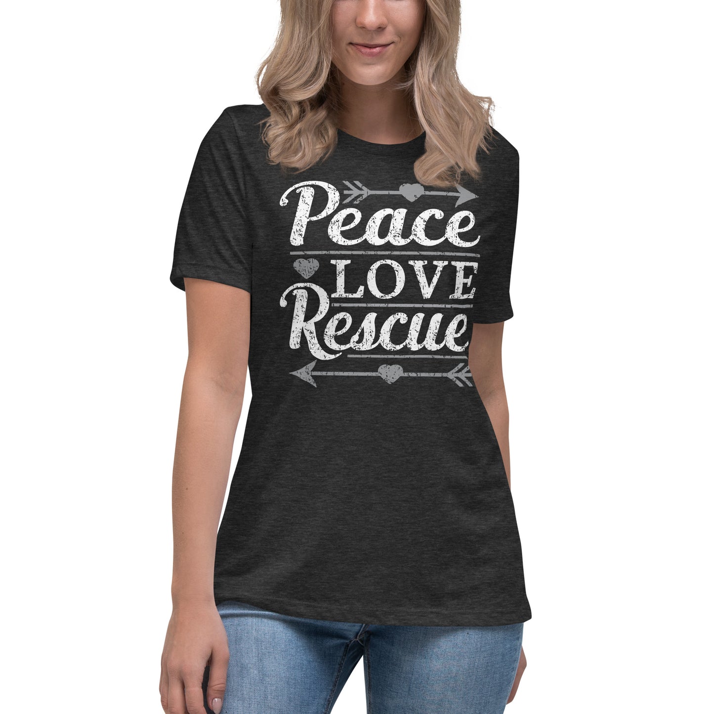 Peace love rescue women’s relaxed fit t-shirts by Dog Artistry dark grey color