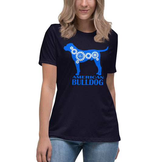 American Bulldog Bionic women’s navy t-shirt by Dog Artistry.