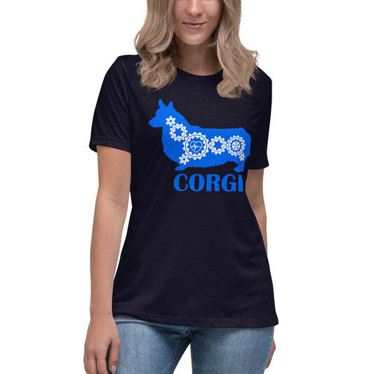 Corgi Bionic women’s navy t-shirt by Dog Artistry.