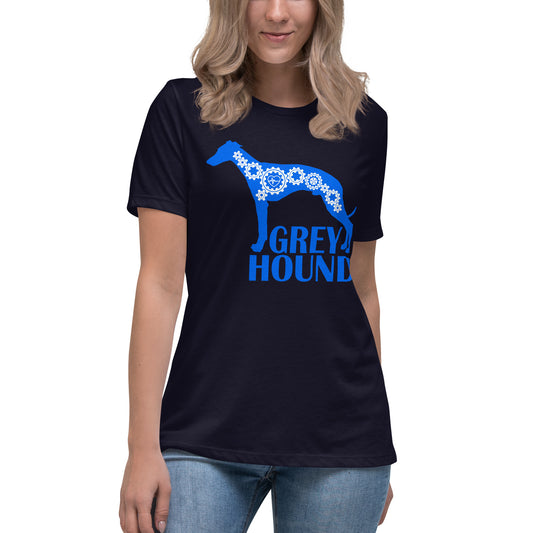 Greyhound Bionic women’s navy t-shirt by Dog Artistry.