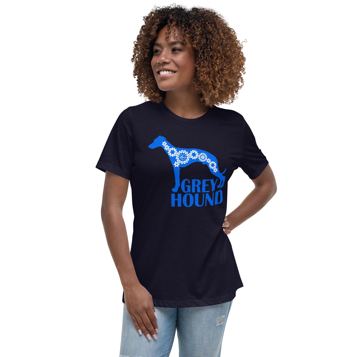 Greyhound Bionic women’s navy t-shirt by Dog Artistry.