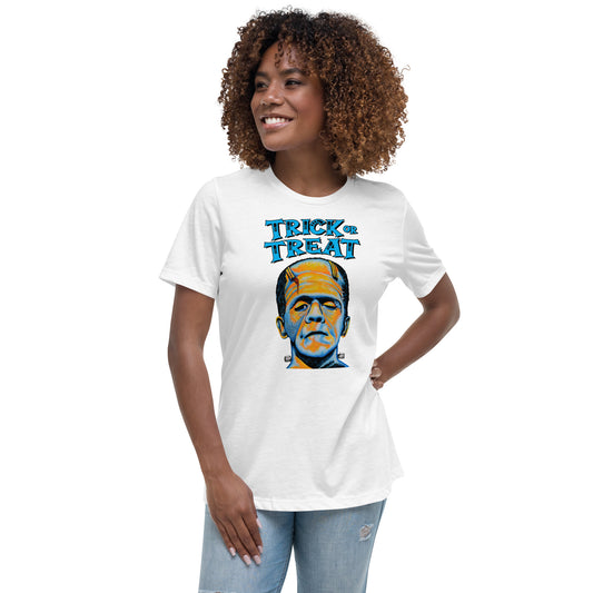 Funny Happy Halloween Colorful Frankenstein women’s white t-shirt by Dog Artistry.