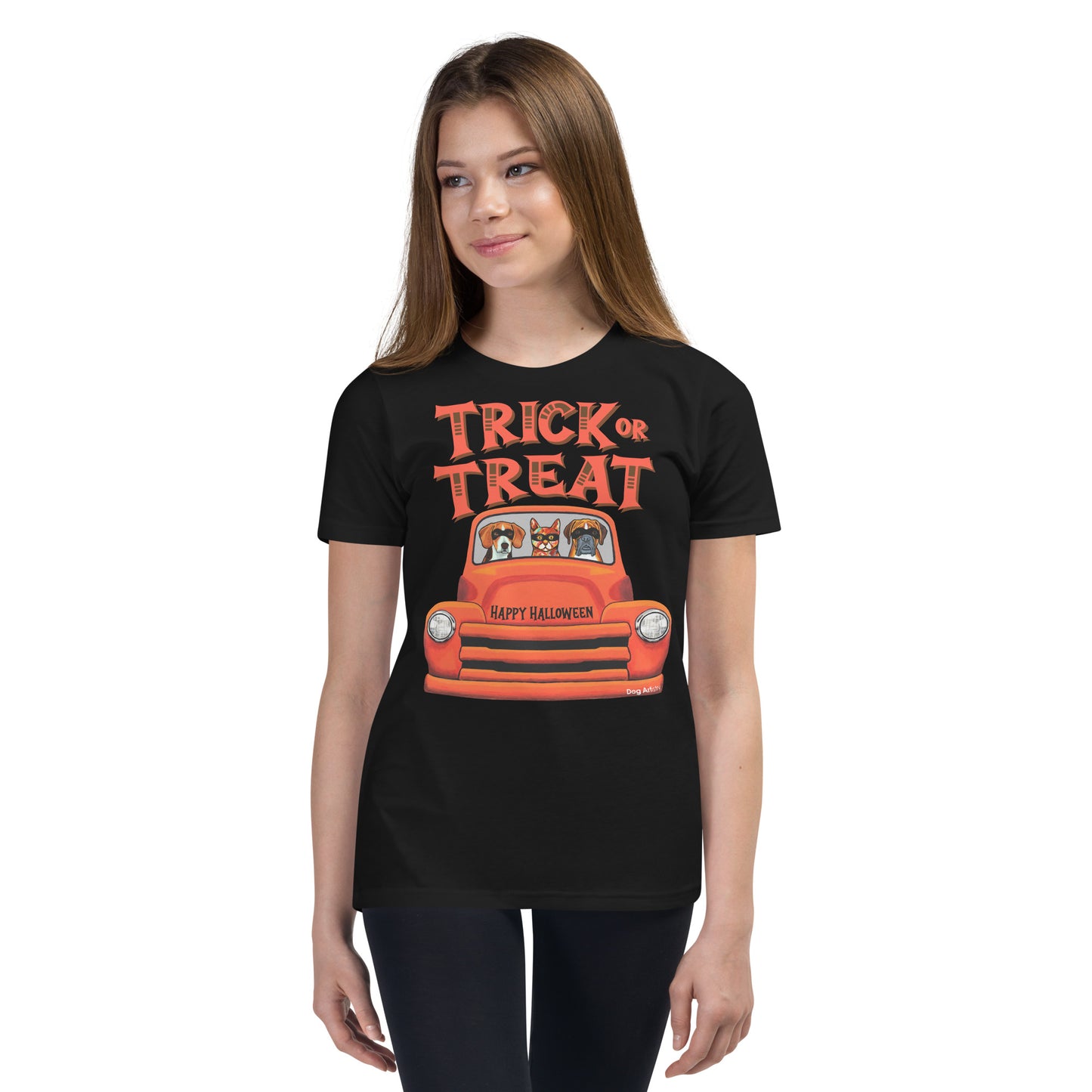 Trick or Treat Halloween old orange truck with Beagle, Cat, and Boxer wearing masks youth black t-shirt by Dog Artistry.