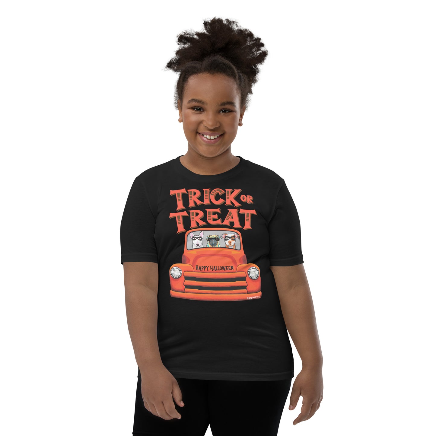 Trick or Treat Halloween old orange truck with English Bull Terrier, Pug, and American Pit Bull wearing masks youth black t-shirt by Dog Artistry.