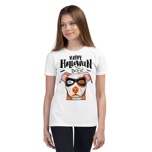 Funny Happy Halloween American Pit Bull wearing mask youth white t-shirt by Dog Artistry.