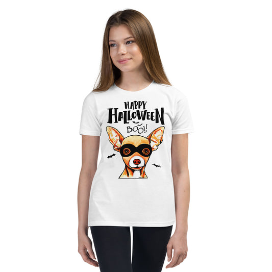 Funny Happy Chihuahua wearing mask youth white t-shirt by Dog Artistry.
