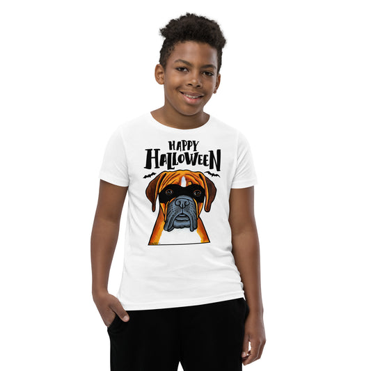 Funny Happy Halloween Boxer wearing mask youth white t-shirt by Dog Artistry.