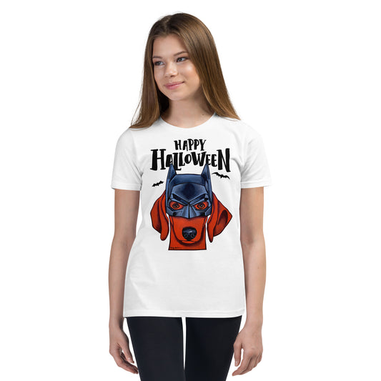 Funny Happy Dachshund wearing mask youth white t-shirt by Dog Artistry.