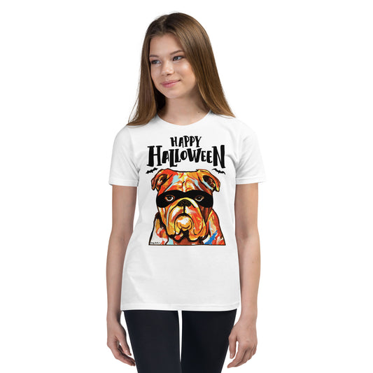 Funny Happy English Bulldog wearing mask youth white t-shirt by Dog Artistry.