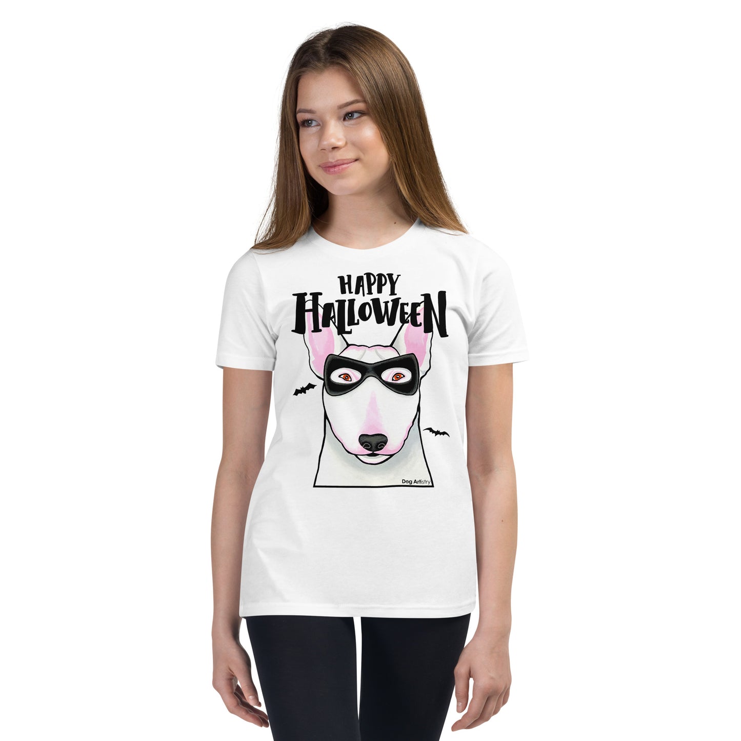 Funny Happy Halloween English Bull Terrier wearing mask youth white t-shirt by Dog Artistry.