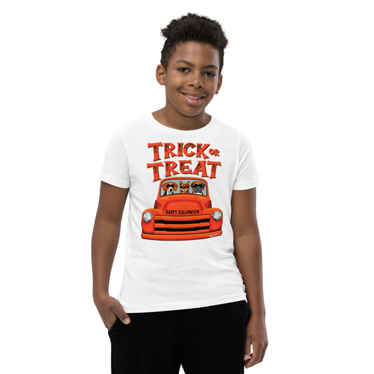 Trick or Treat Halloween old orange truck with Beagle, Cat, and Boxer wearing masks youth white t-shirt by Dog Artistry.