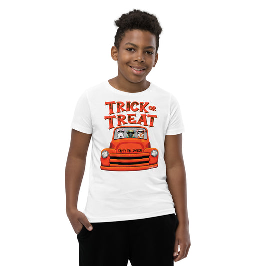 Trick or Treat Halloween old orange truck with English Bull Terrier, Pug, and American Pit Bull wearing masks youth white t-shirt by Dog Artistry.