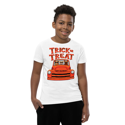 Trick or Treat Halloween old orange truck with English Bulldog, Chihuahua, and French Bulldog wearing masks youth white t-shirt by Dog Artistry.