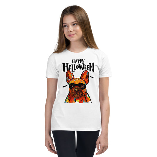 Funny Happy Halloween French Bulldog wearing mask youth white t-shirt by Dog Artistry.