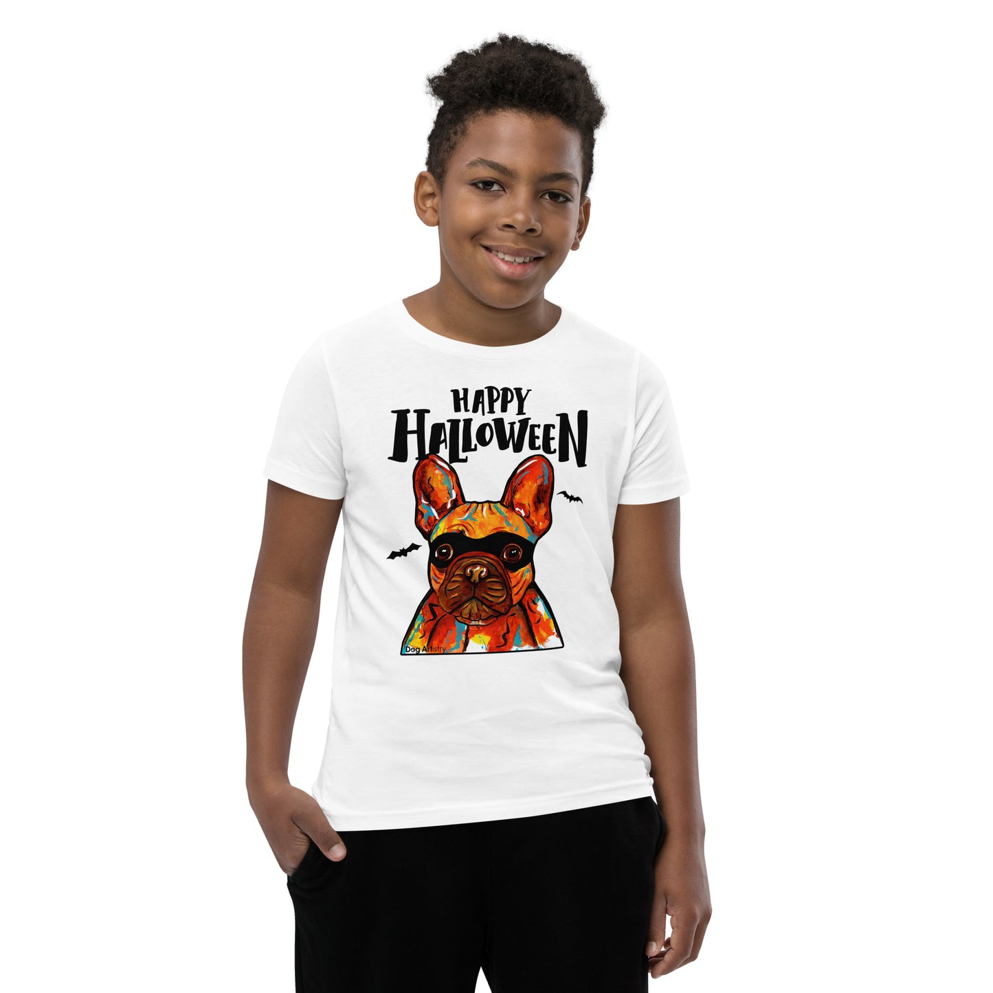 Funny Happy Halloween French Bulldog wearing mask youth white t-shirt by Dog Artistry.