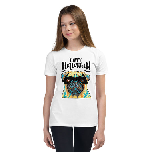 Funny Happy Halloween Pug wearing mask youth white t-shirt by Dog Artistry.