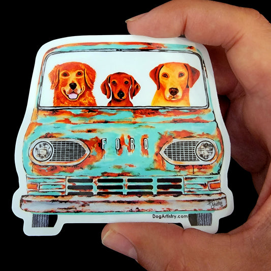 Dog Artistry Rusty Ford with Golden Retriever, Dachshund, Yellow Lab Die-Cut Vinyl Sticker