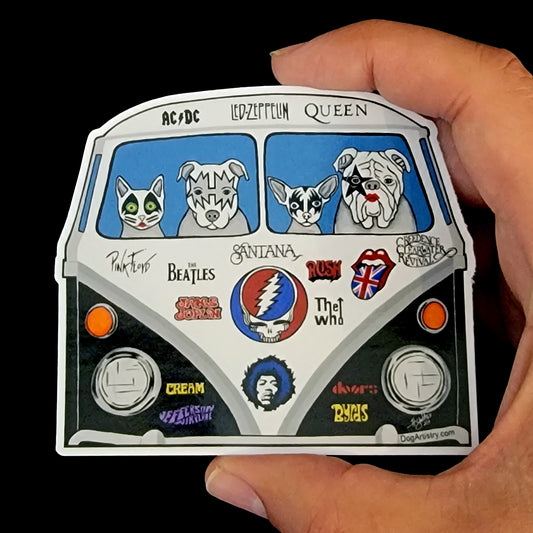 Dog Artistry Hippie Bus Die-Cut Vinyl Sticker with Cat, Pit Bull, Chihuahua, English Bulldog