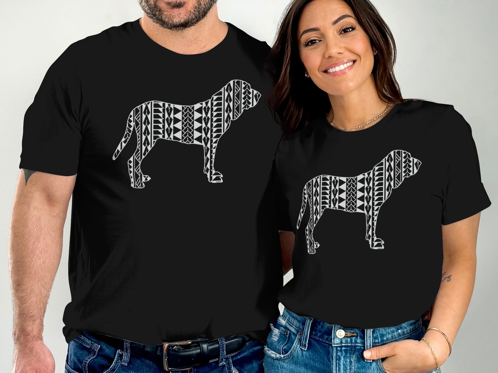 Black t-shirts with abstract white dog silhouette design.