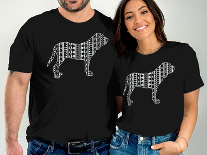 Black t-shirts with abstract white dog silhouette design.