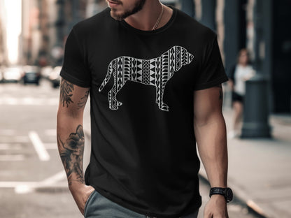 Black t-shirt with a white geometric dog silhouette on chest.