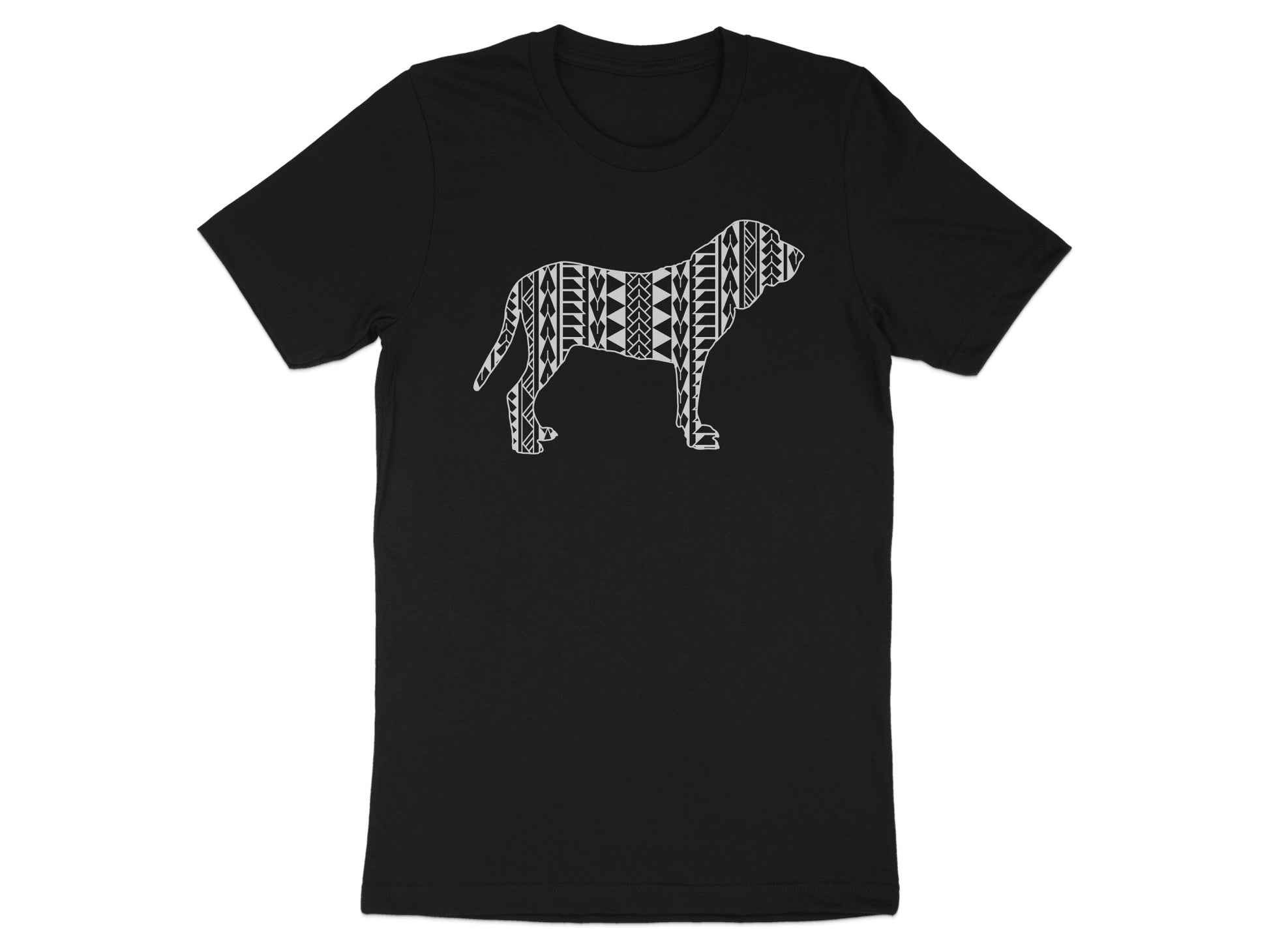 Black t-shirt with a white tribal dog silhouette design.