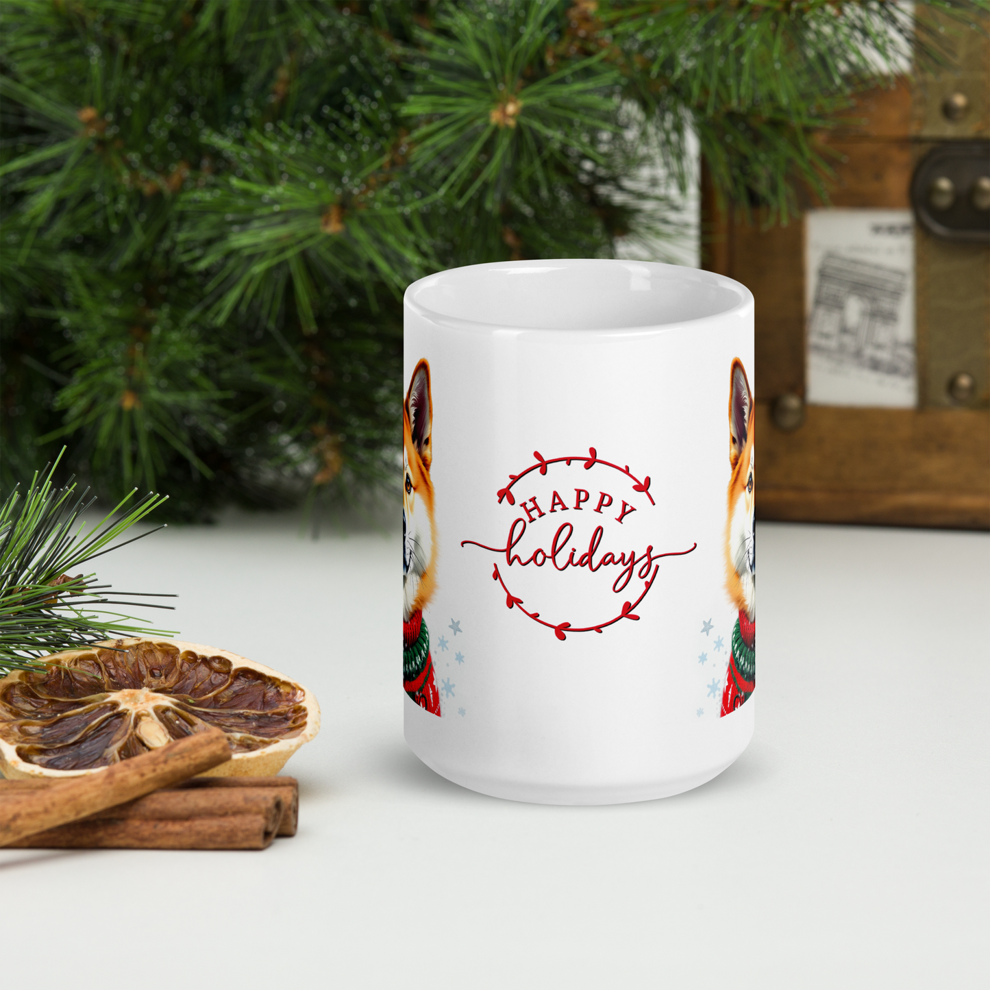 Akita Wearing Ugly Christmas Sweater Glossy White Mug