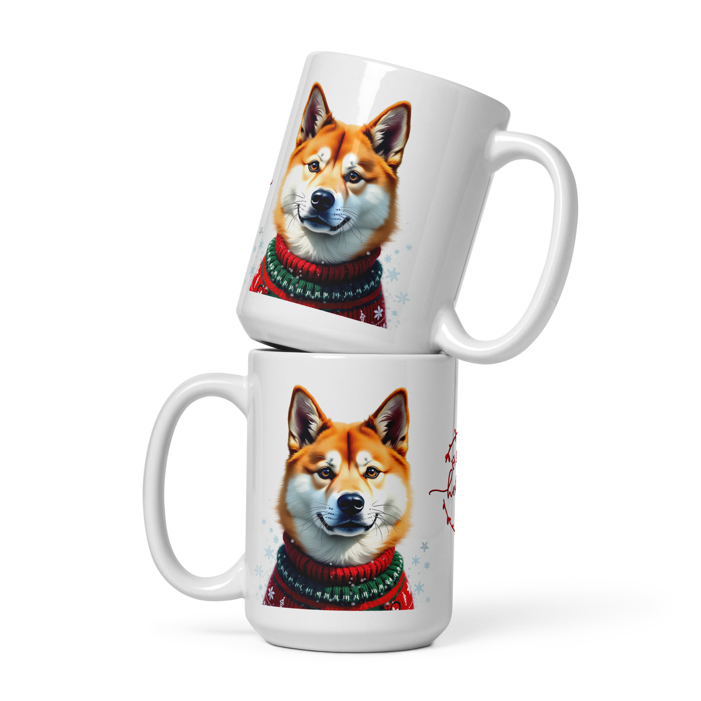 Akita Wearing Ugly Christmas Sweater Glossy White Mug