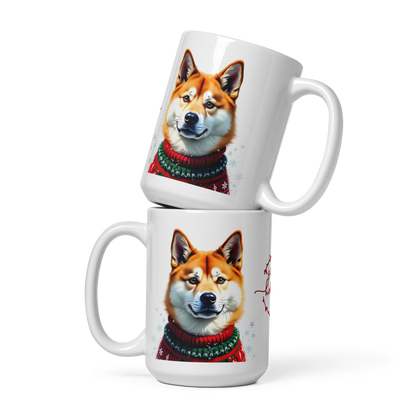 Akita Wearing Ugly Christmas Sweater Glossy White Mug