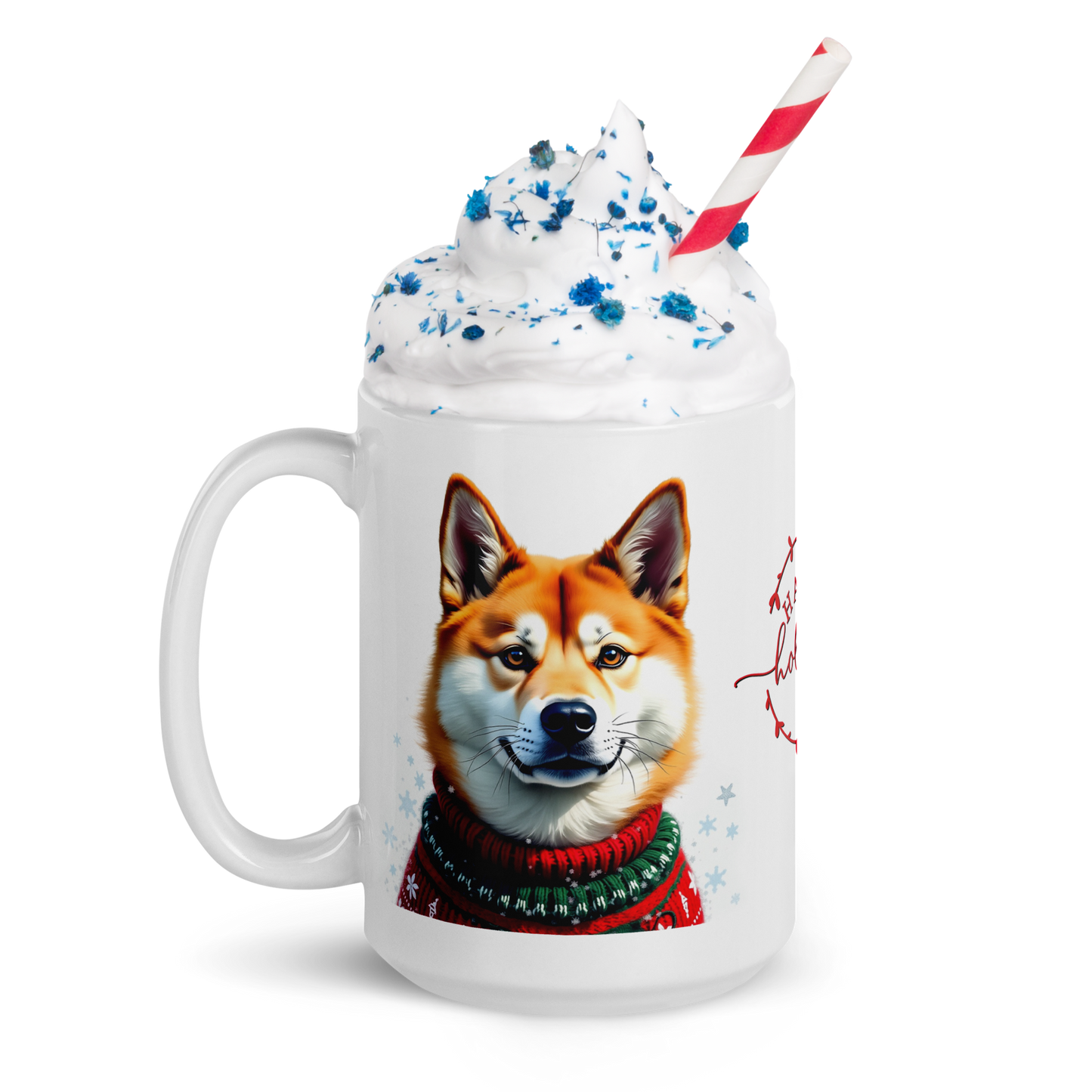 Akita Wearing Ugly Christmas Sweater Glossy White Mug