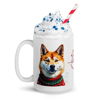 Akita Wearing Ugly Christmas Sweater Glossy White Mug