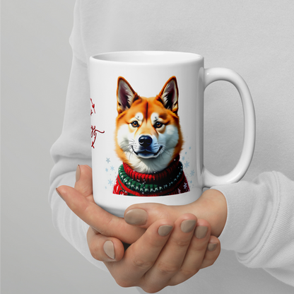 Akita Wearing Ugly Christmas Sweater Glossy White Mug