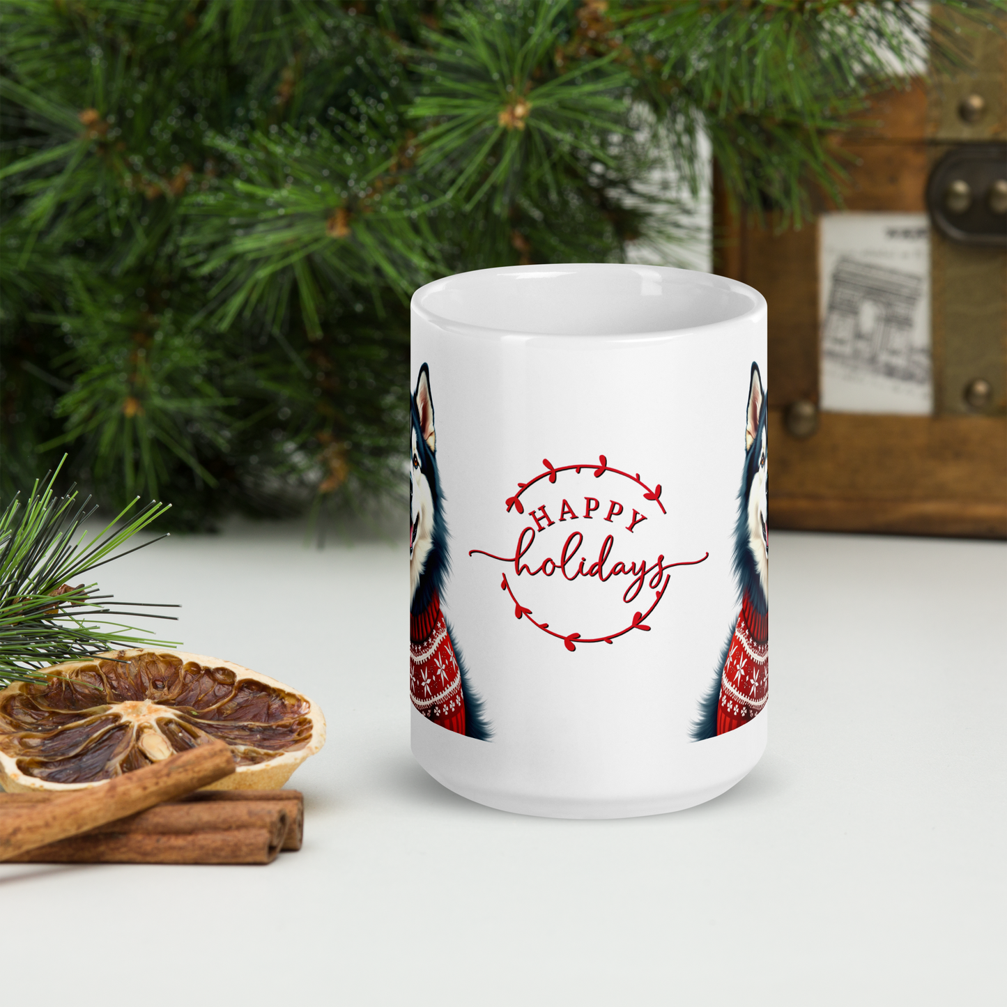 Alaskan Malamute Wearing Ugly Christmas Sweater Glossy White Mug