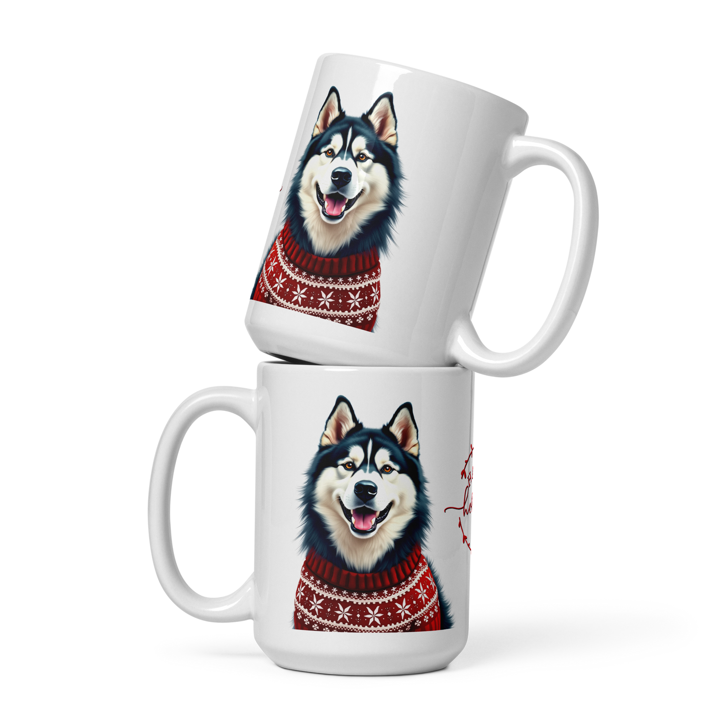 Alaskan Malamute Wearing Ugly Christmas Sweater Glossy White Mug